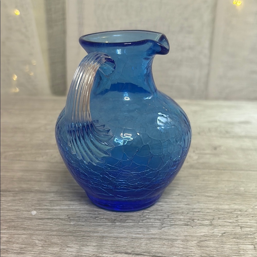 Blue Crackle Glass Creamer with Clear Handle - Picture 2 of 6